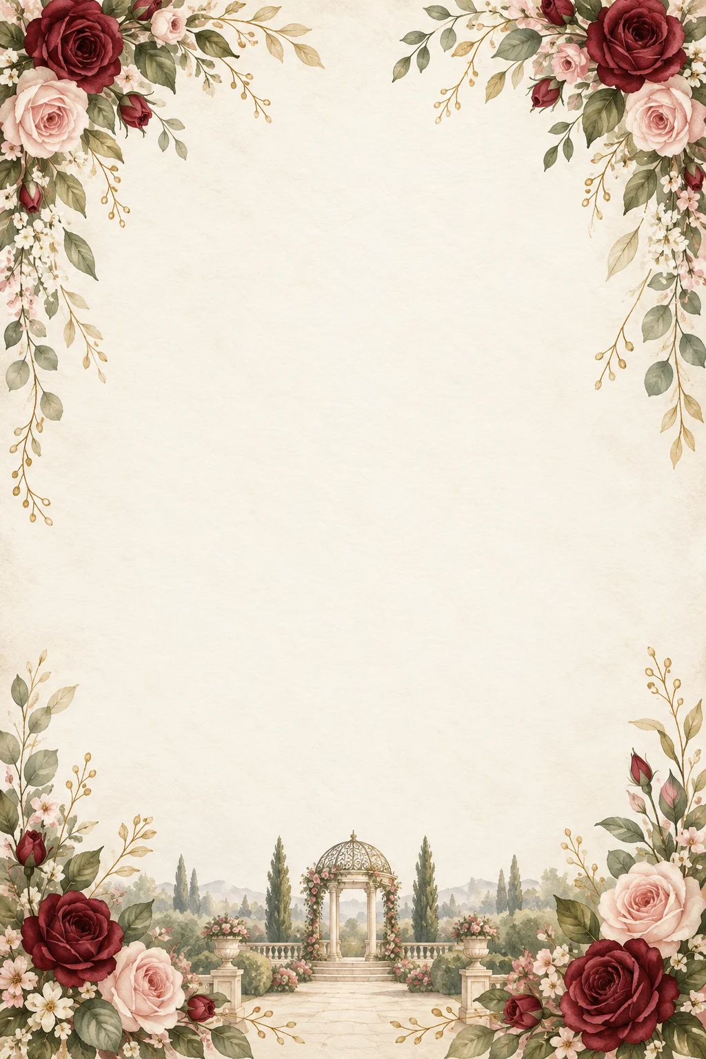 Burgundy roses framing ivory invitation paper